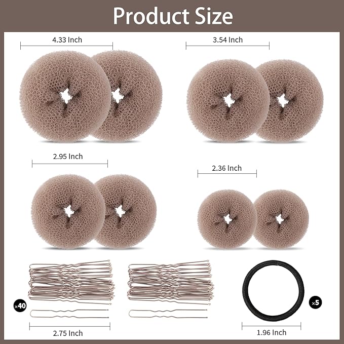 FANDAMEI Hair Bun Maker Set- 8 PCS Hair Donuts for Buns (2 Extra-large,2 Large,2 Medium and 2 Small), 40 PCS Bobby Pins, 5 PCS Hair Elastic Ties Black,Bun Maker - Tan Brown
