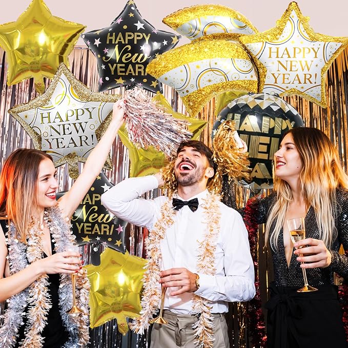 Black and Gold Happy New Year Balloons, 18 Inch Large Size Foil Balloons - Image 6