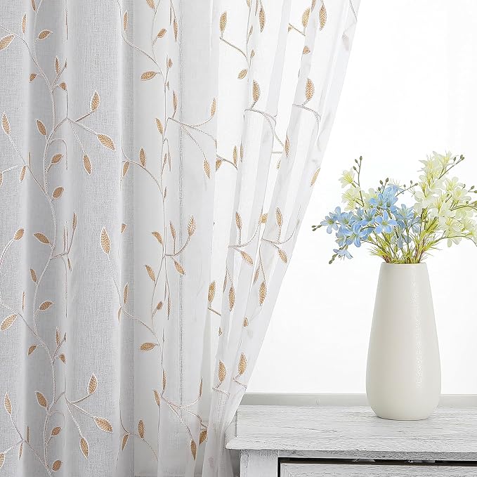 White Sheer Curtains Orange Leaf Embroidery Linen 96 Inches Long | Light - Image 5