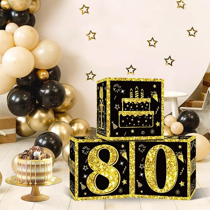 Eiurteao 3pcs Black Gold 80th Birthday Decorations Boxes - Image 3