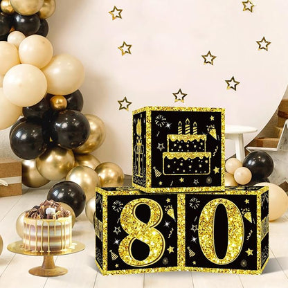 Eiurteao 3pcs Black Gold 80th Birthday Decorations Boxes - Image 3
