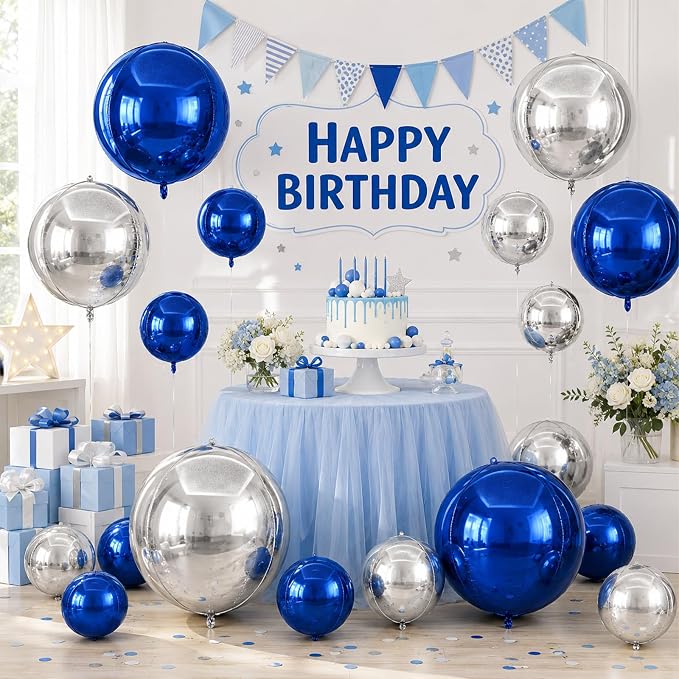 15 Pcs Navy Blue and Silver Round Foil Balloons, 22/15/10 Inch 4D Ball Balloons - Image 7