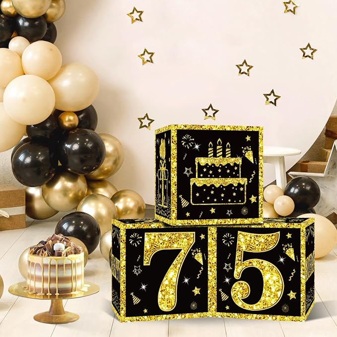 Eiurteao 3pcs Black Gold 75th Birthday Decorations Boxes - Image 2