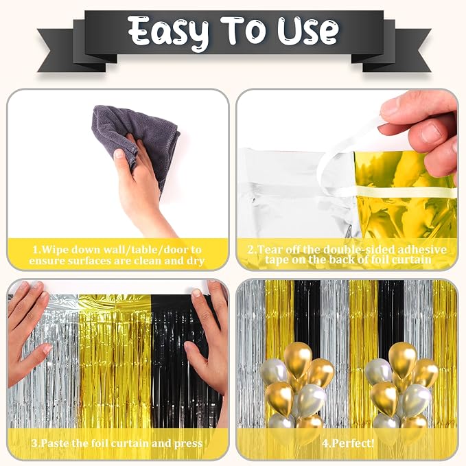 Voircoloria Black Gold Silver Fringe Backdrop Curtains, 3 Pack | Tinsel - Image 3