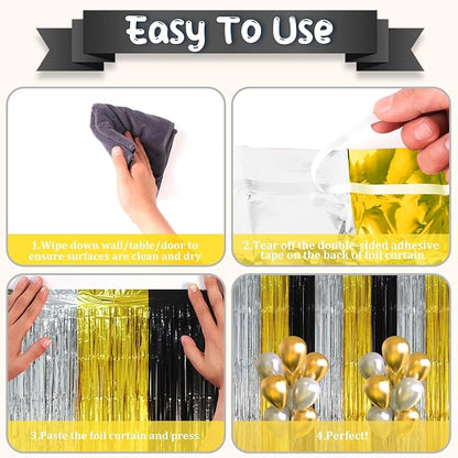 Voircoloria Black Gold Silver Fringe Backdrop Curtains, 3 Pack | Tinsel - Image 3