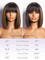 LUVME HAIR 10 Inch Yaki Straight Bob Wig with Bangs Human Hair Glueless HD Lace Bob Wig with Brown Highlights, Ready to Go Short Wigs For Women 180 Density (Breathable Cap)