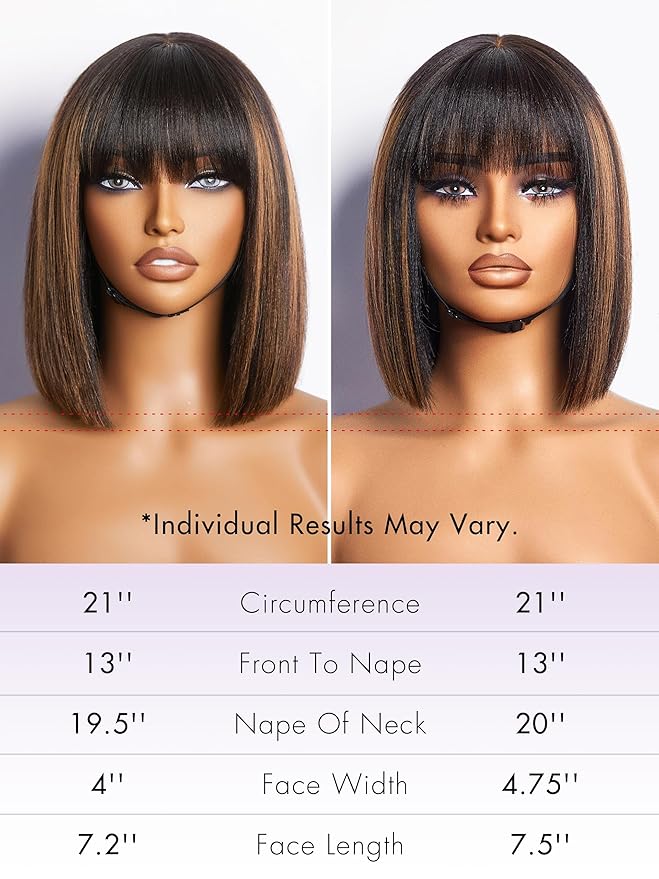 LUVME HAIR 10 Inch Yaki Straight Bob Wig with Bangs Human Hair Glueless HD Lace Bob Wig with Brown Highlights, Ready to Go Short Wigs For Women 180 Density (Breathable Cap)