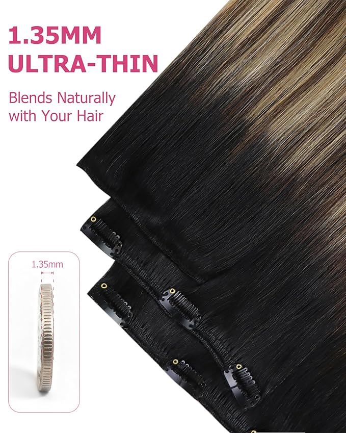 YoungSee 24 Inch Hair Extensions Clip ins Black Ombre Clip in Human Hair Extensions Ombre Natural Black to Blonde with Brown Balayage Human Hair Clip in Extensions for Long Hair 120G