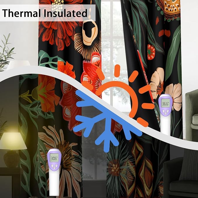Tyrot Black Boho Floral 100% Blackout Curtains - Image 4