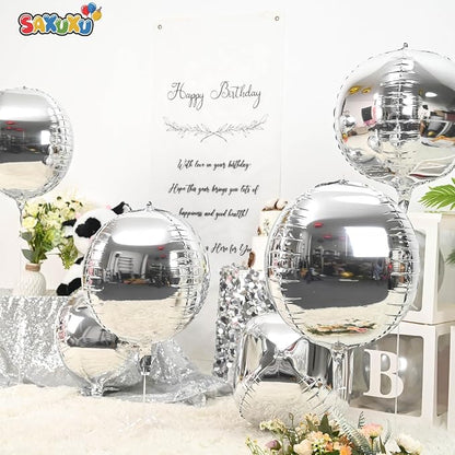 Silver Round Foil Balloons, 22 Inch 4D Round Ball Balloons Ornament, Giant - Image 2