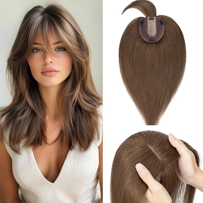 Rich Choices Real Human Hair Toppers for Women With Bang 100% Remy Human Hair Topper for Thinning Hair Clip in Silk Base Hair Topper 6 Inch #4R Chestnut Brown