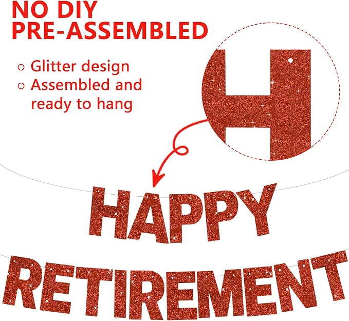 Glitter Red Happy Retirement Banner Pre-Strung Retirement Party Decorations - Image 2