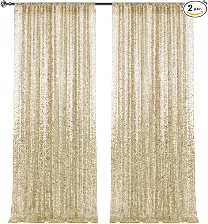 4×8FT-2PCS Champagne Sequin Backdrop Curtains Panels, Photography Backdrop by Pufogu