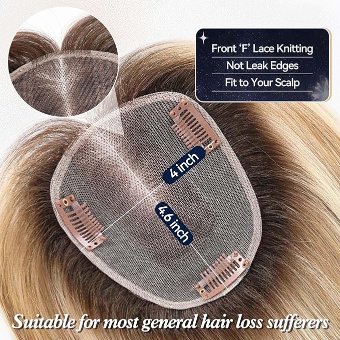 starluck Human Hair Toppers for Women with Thinning Hair, 14 Inch Real Hair Topper, 4.6x4 Inch SilkHug Swiss Lace Base Hairpiece, With Bangs (Ombre Blonde)