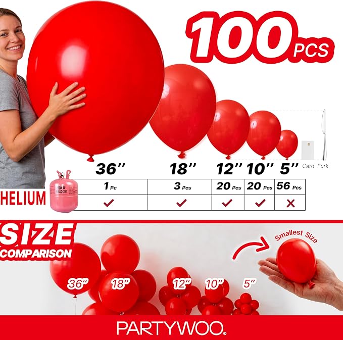 PartyWoo Red Balloons 100pcs Different Sizes of 36 18 12 10 5 Inch | Balloons - Image 6