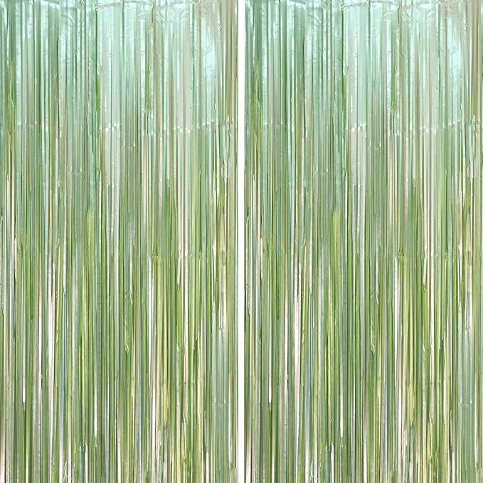 Voircoloria Light Green Foil Fringe Backdrop Curtains, 2 Pack | Tinsel Streamers by Voircoloria