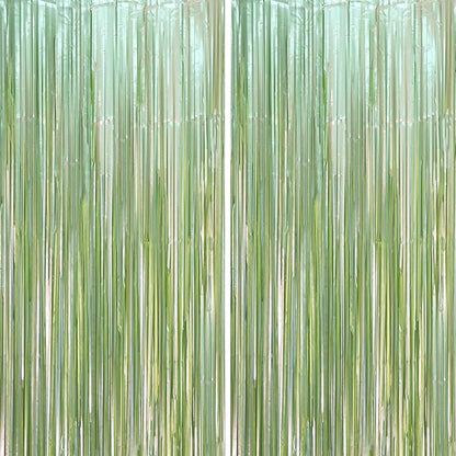 Voircoloria Light Green Foil Fringe Backdrop Curtains, 2 Pack | Tinsel Streamers by Voircoloria