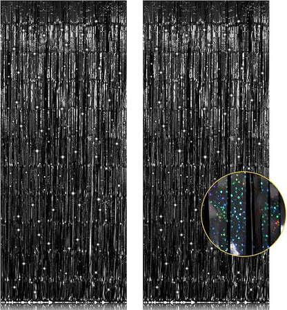 2 Pack 3.2ft x 8.2ft Black Tinsel Foil Fringe Curtain, Sparkle Metallic Foil by welcomePIGETALE