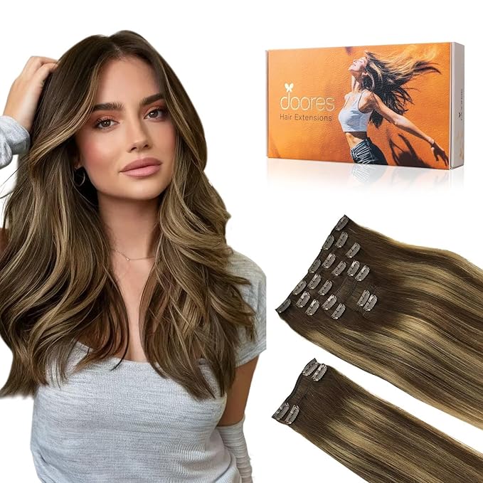 DOORES Hair Extensions Clip in Human Hair, Balayage Chocolate Brown to Caramel Blonde 150g 9pcs 20 Inch, Real Straight Hair Extensions Remy Extensions