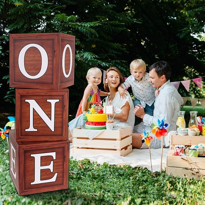 One Boxes for 1st Birthday, Wood Grain One Balloon Boxes, Individual Square - Image 4