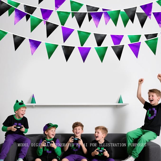 Black Purple Green Party Decorations Metallic Fabric Triangle Pennant Banner - Image 5