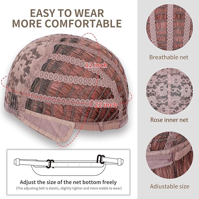 Nnzes Pink Wig with Bangs for Women Short Bob Wavy Charming Synthetic Wigs with Natural Shoulder Length Curly Heat Resistant Fiber Hair for Daily Party Use