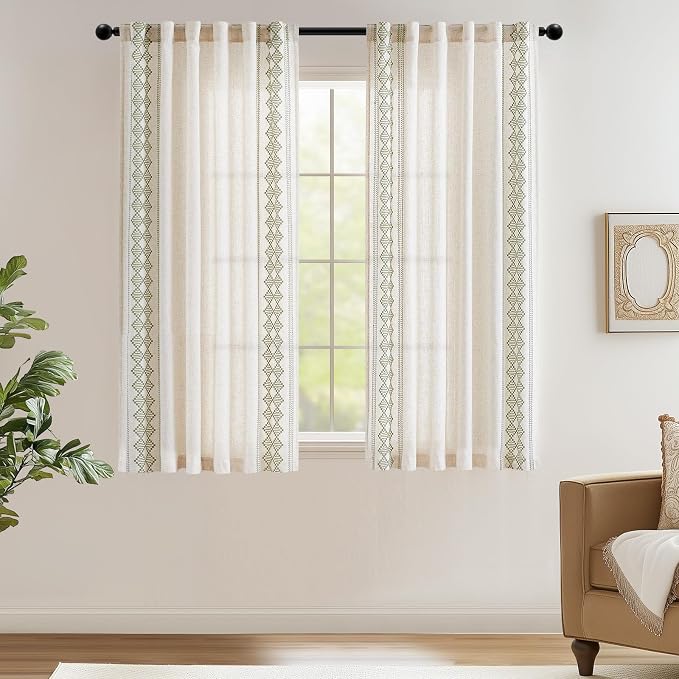 jinchan Floral Linen Curtains Embroidered Back Tab 50x63in 2 Panels Green | - Image 2