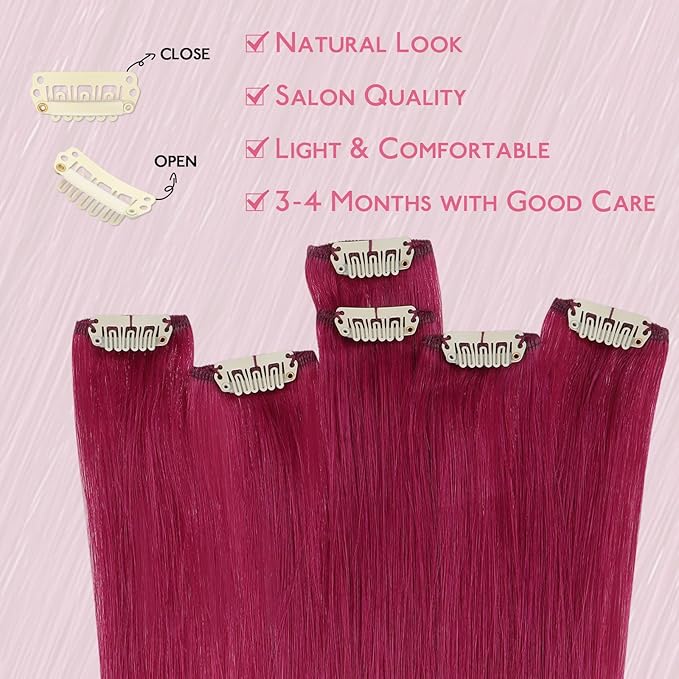 WENNALIFE Burgundy Red Clip in Hair Extensions Real Human Hair 35g 6pcs 20 Inch Colored Hair Extensions for Kids Women Colorful Hair Pieces Pop-up Style Straight Extensiones De Cabello Humano Con Clip