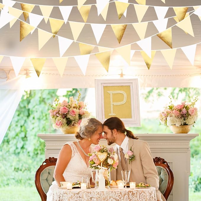 White and Gold Party Decorations Gold Beige White Fabric Triangle Pennant - Image 4