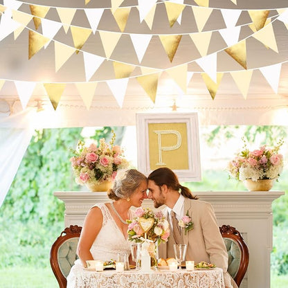 White and Gold Party Decorations Gold Beige White Fabric Triangle Pennant - Image 4