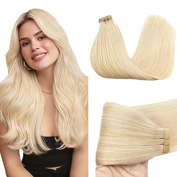 GOO GOO Tape in Hair Extensions Human Hair, 613R Bleach Blonde, 26inch 60g 20pcs, Skin Weft Seamless Invisible, Silky Straight with Thick Ends, Remy Human Hair