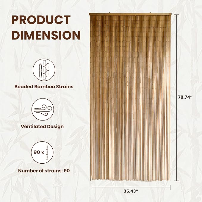 Natural Bamboo Beaded Curtain for Doorway 35.4" x 78.7" | 90-strand bead curtain - Image 2
