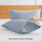 JELLYMONI 100% Natural Cotton Striped King Pillowcases Set, 2 Pack White and Dark Blue Stripes Pattern Printed Pillow Covers with Envelope Closure(Pillows are not Included)