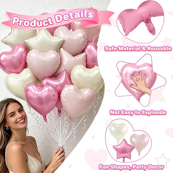 TONIFUL 18 Inch Cream Pink Star and Heart Foil Balloons - Image 4