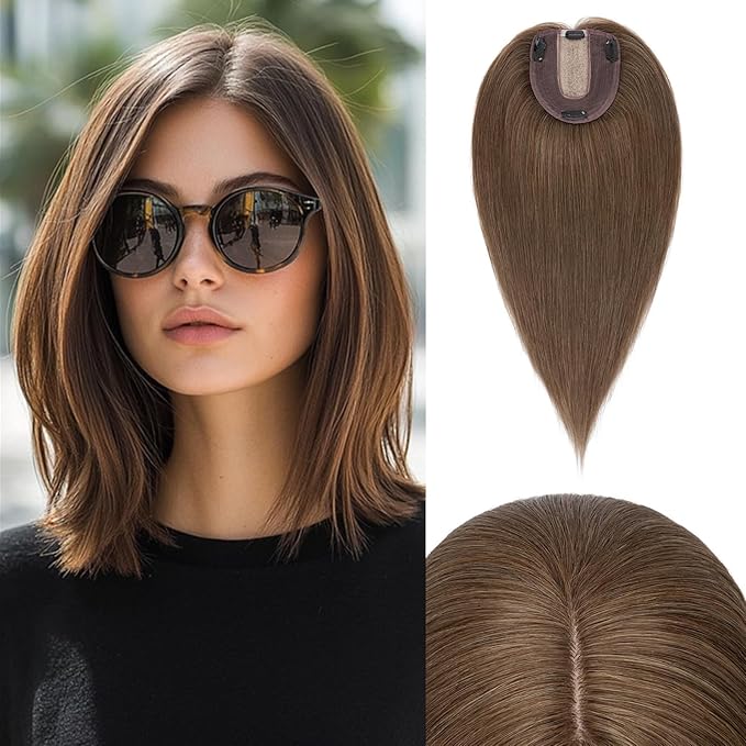 Rich Choices Hair Toppers for Women Real Human Hair 100% Human Remy Toppers NO Bangs for Women with Thinning on Top Clip in Hairpiece 4"x4.7"Lace Base 12 Inch #4R Natural Brown