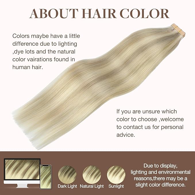 GOO GOO Tape in Hair Extensions Human Hair, 17A/60A Ash Blonde Highlighted Platinum Blonde, 20inch 50g 20pcs, Skin Weft Seamless Invisible, Silky Straight with Thick Ends, Remy Human Hair