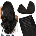 GOO GOO Clip in Hair Extensions Real Human Hair, Remy Human Hair Extensions Clip ins for Women, Natural Human Hair, 14inch 130g 9Pcs, 1B Natural black