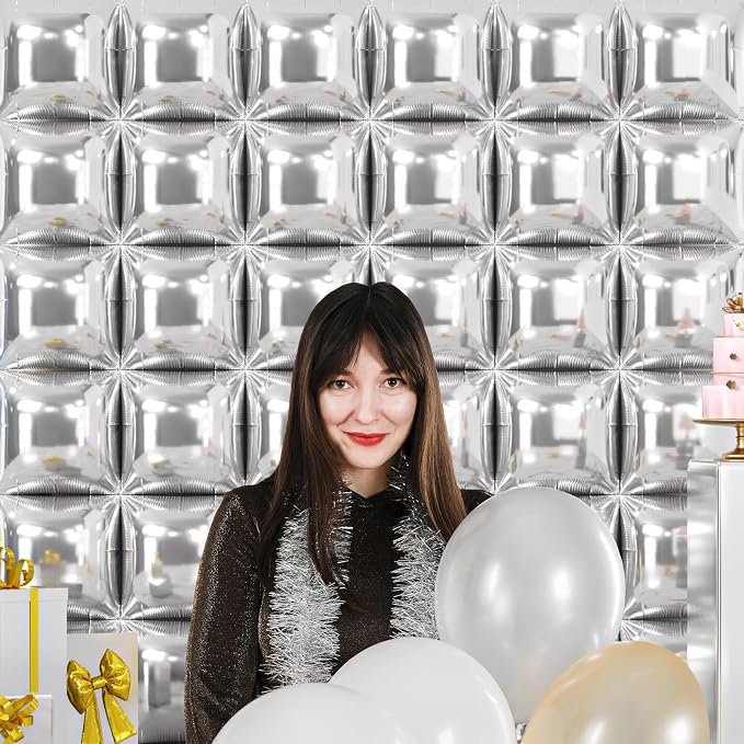 NISOCY 36PCS Metallic Silver Square Foil Balloons Wall Backdrop | Double Sided - Image 8