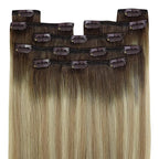YoungSee Human Hair Clip in Extensions Balayage Clip in Human Hair Extension Walnut Brown Ombre Light Brown with Blonde Invisible Clip in Hair Extensions 24Inch 120G 7Pcs