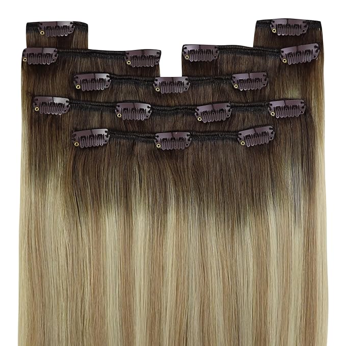 YoungSee Clip in Human Hair Extensions Balayage Walnut Brown Ombre Light Brown with Blonde Clip in Hair Extensions Balayage Human Hair Clip in Extensions Dyable Remy Hair 14Inch 7Pcs 120G