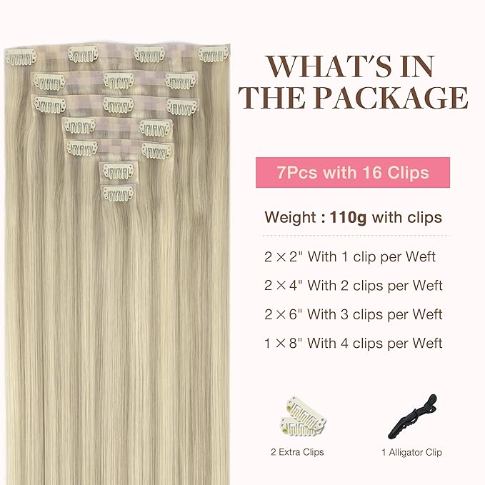 GOO GOO Clip in Hair Extensions Real Human Hair, Remy Human Hair Extensions Clip ins for Women, Natural Human Hair, 24inch 120g 7Pcs, 17A/60A Ash Blonde Highlighted Platinum Blonde