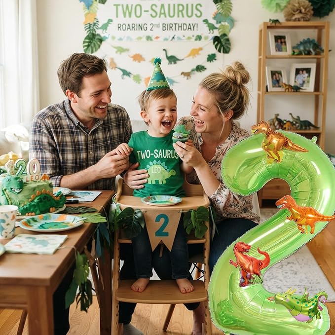 Dinosaur 2nd Birthday Decorations 40 Inch Giant Green Number 2 Foil Balloon | - Image 6