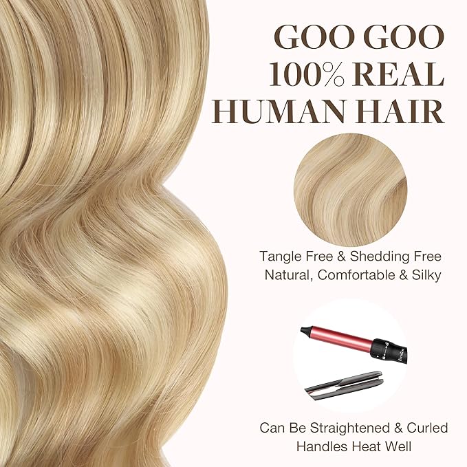 GOO GOO Tape in Hair Extensions Human Hair, 18A/613A Dark Blonde Highlighted Bleach Blonde, 24inch 30g 10pcs, Skin Weft Seamless Invisible, Silky Straight with Thick Ends, Remy Human Hair