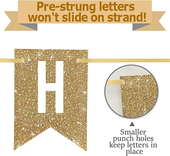 Netnology Pre-Strung Gold Glitter 21st Happy Birthday Banner Decorations | 12 - Image 3