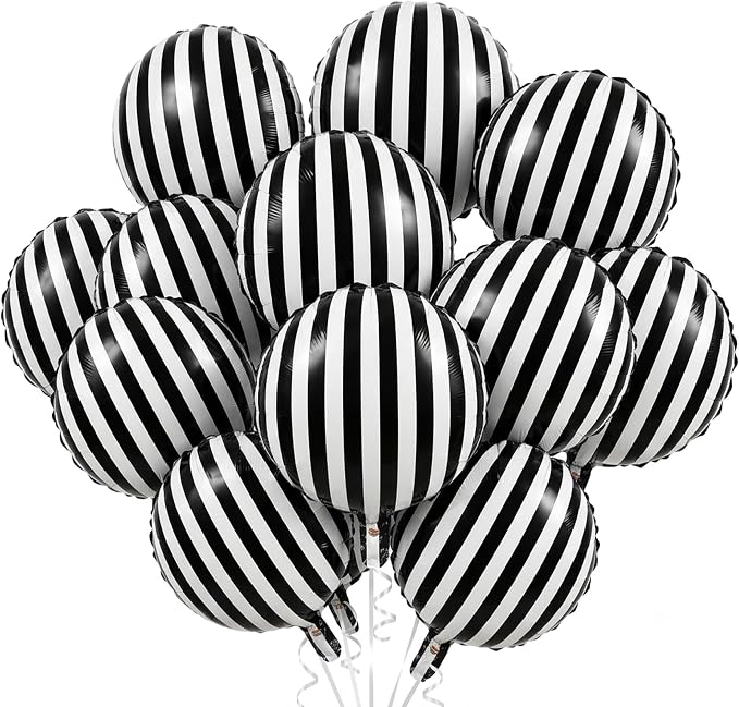 Black and White Striped Balloons, 12 Pack 18 Inch Round Foil Balloons | by HTangparty