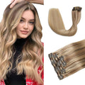 XDhair Human Hair Clip in Extensions 120g Balayage Color 10 Golden Brown to Light Blonde Highlight 27 Blonde Double Weft Clip in Hair Extensions #10/27/27 22 Inch