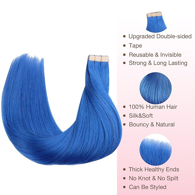 GOO GOO Tape in Hair Extensions Human Hair, Blue, 18inch 25g 10pcs, Colored Tape ins Human Hair Extensions, Silky&Soft Invisible Tape Ins, Hair Highlighted for Party