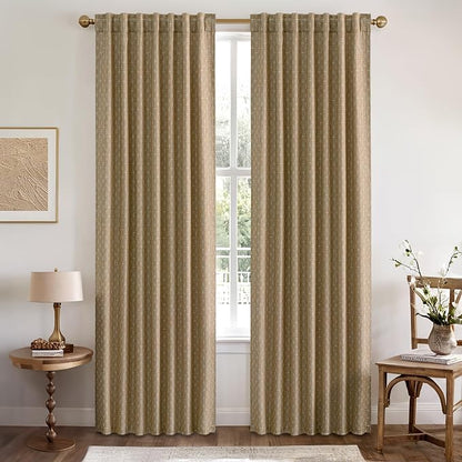 MIULEE Patterned Farmhouse Linen Curtains, Back Tab, Khaki | Linen Curtains - Image 2