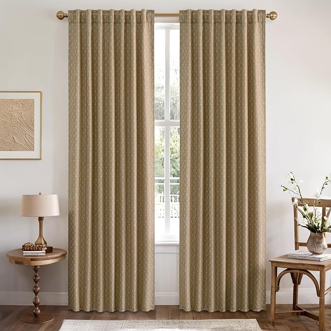MIULEE Patterned Farmhouse Linen Curtains, Back Tab, Khaki | Linen Curtains - Image 2