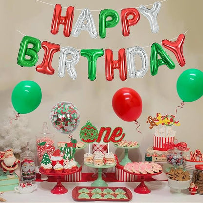 TONIFUL Red Green Silver Happy Birthday Balloons Banner, 16 Inch Mylar Foil - Image 5